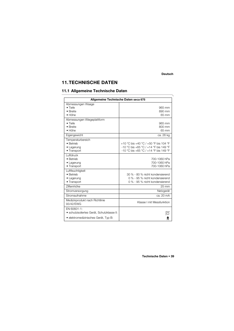 Technische daten, 1 allgemeine technische daten | Seca 675 User Manual | Page 39 / 292