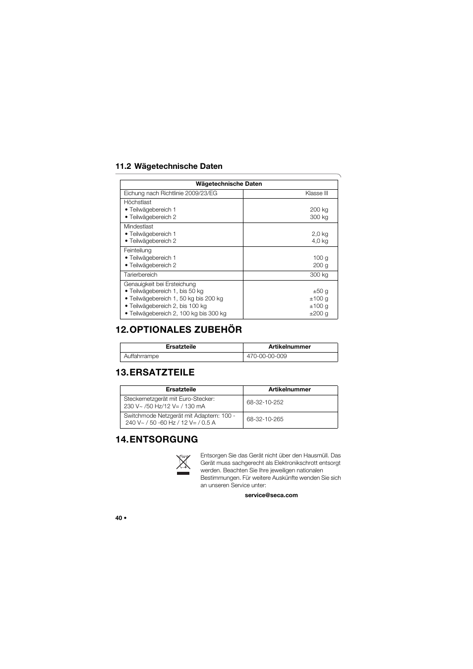 2 wägetechnische daten, Optionales zubehör, Ersatzteile | Entsorgung, Optionales zubehör 13.ersatzteile 14.entsorgung | Seca 675 User Manual | Page 40 / 292