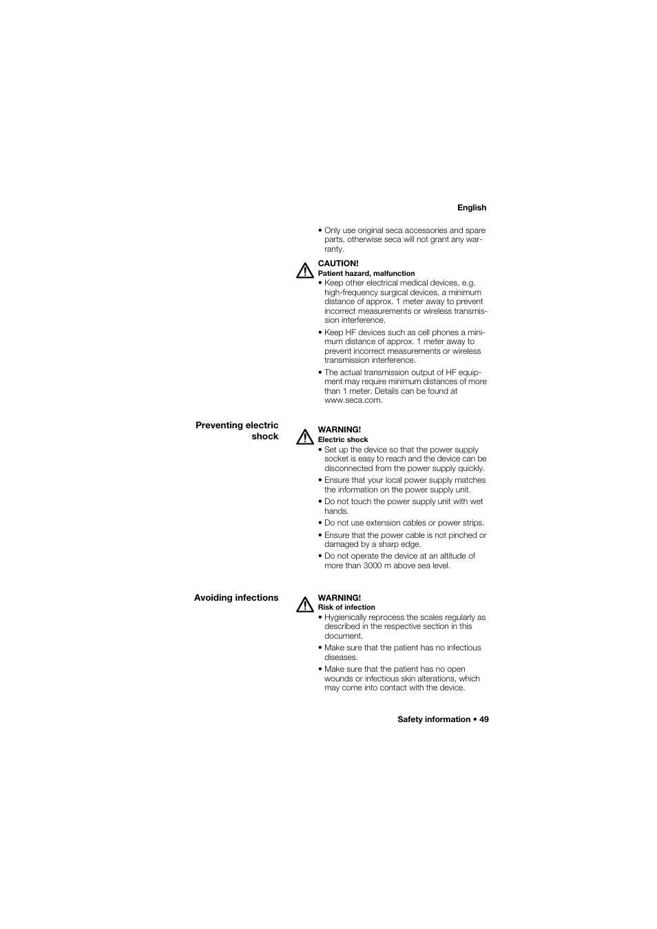 Preventing electric shock, Avoiding infections | Seca 675 User Manual | Page 49 / 292