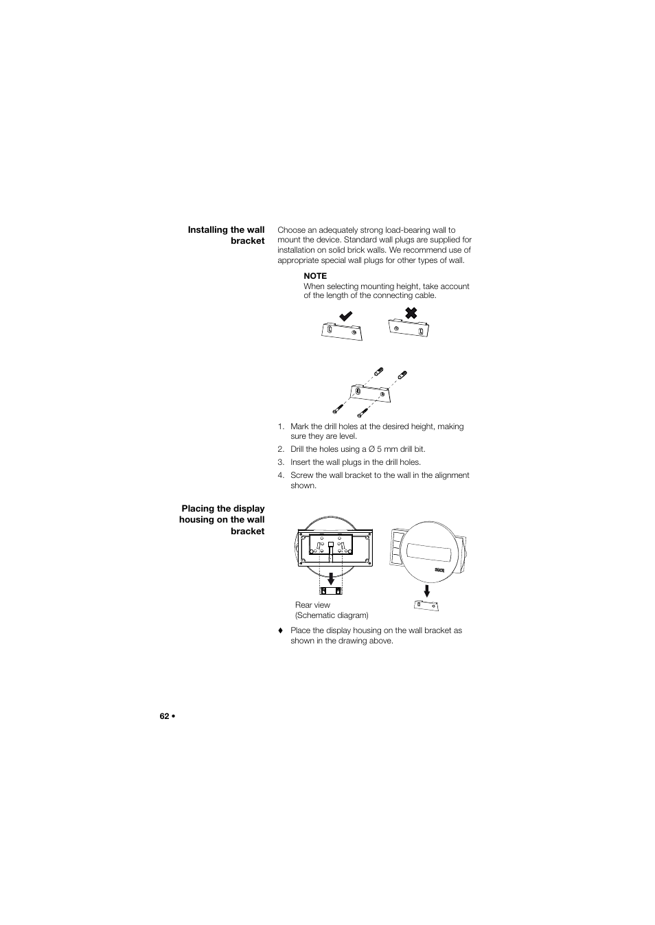 Installing the wall bracket, Placing the display housing on the wall bracket | Seca 675 User Manual | Page 62 / 292