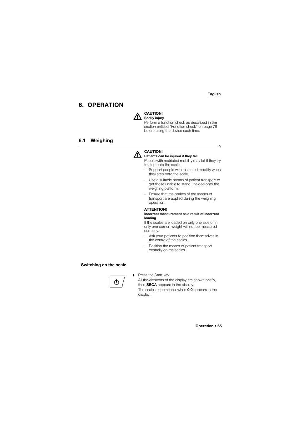 Operation, 1 weighing, Switching on the scale | Seca 675 User Manual | Page 65 / 292