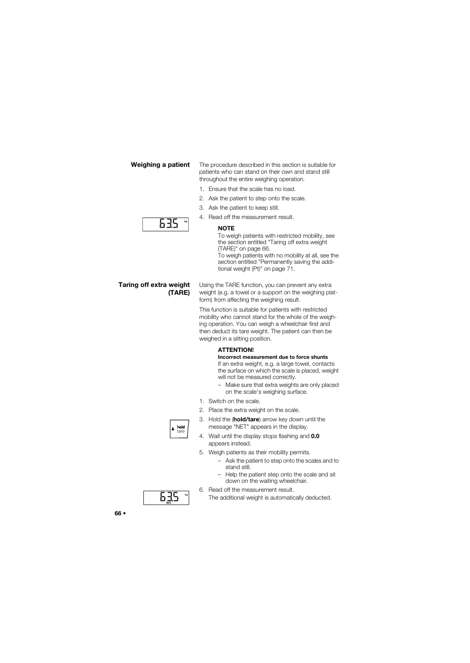 Weighing a patient, Taring off extra weight (tare) | Seca 675 User Manual | Page 66 / 292
