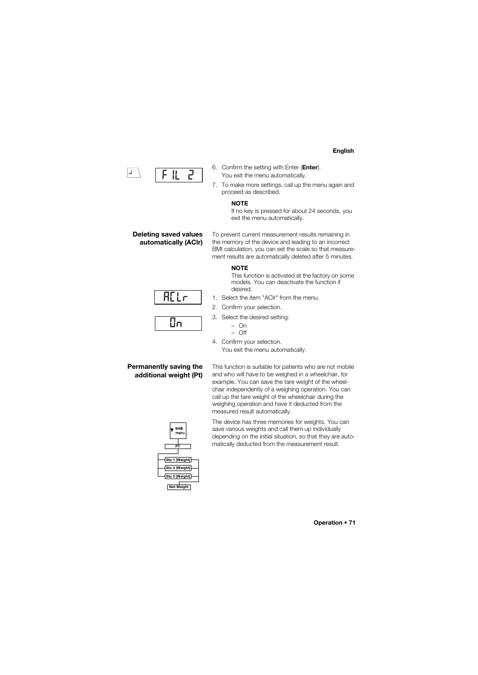 Deleting saved values automatically (aclr), Permanently saving the additional weight (pt) | Seca 675 User Manual | Page 71 / 292