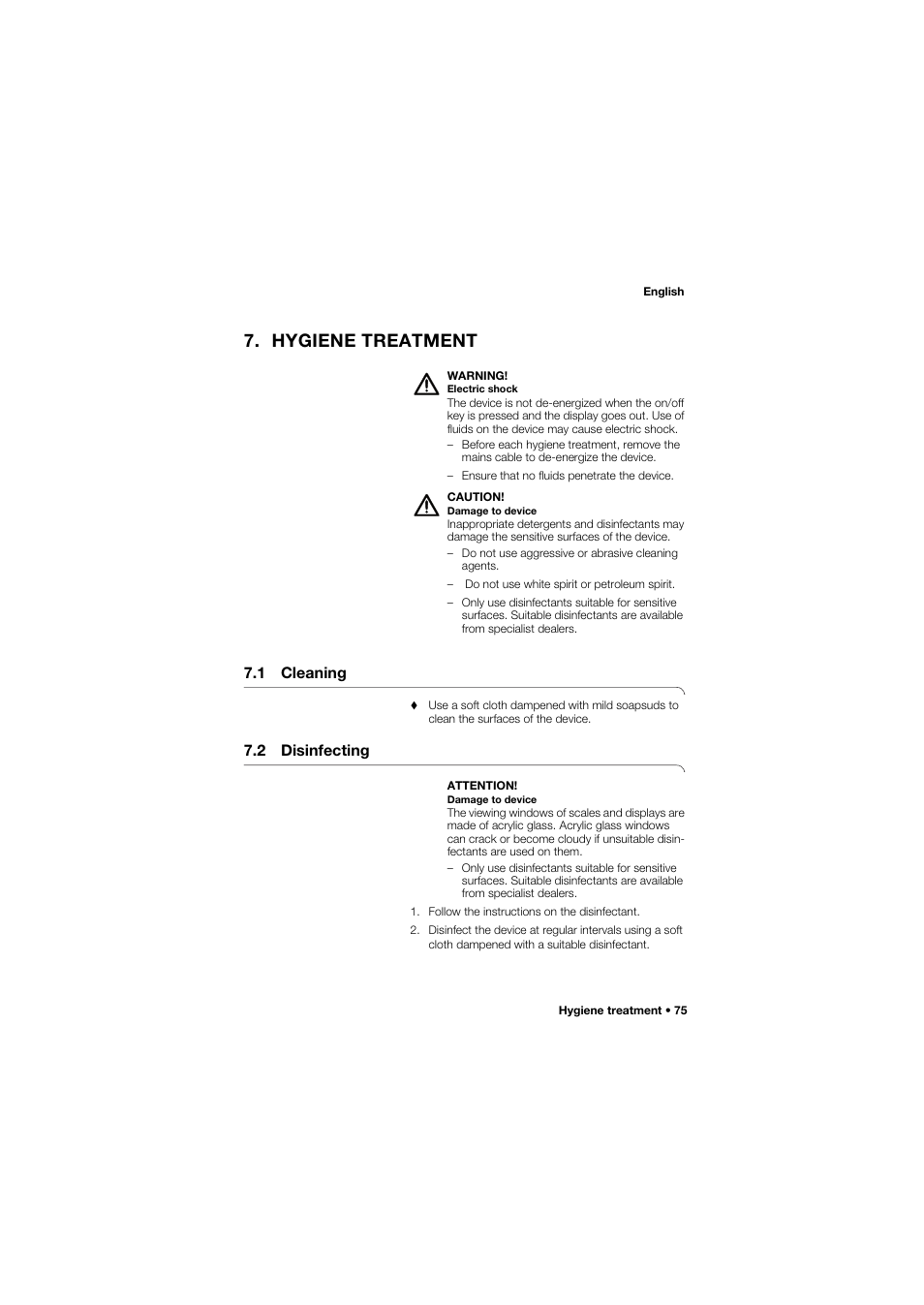 Hygiene treatment, 1 cleaning, 2 disinfecting | Seca 675 User Manual | Page 75 / 292