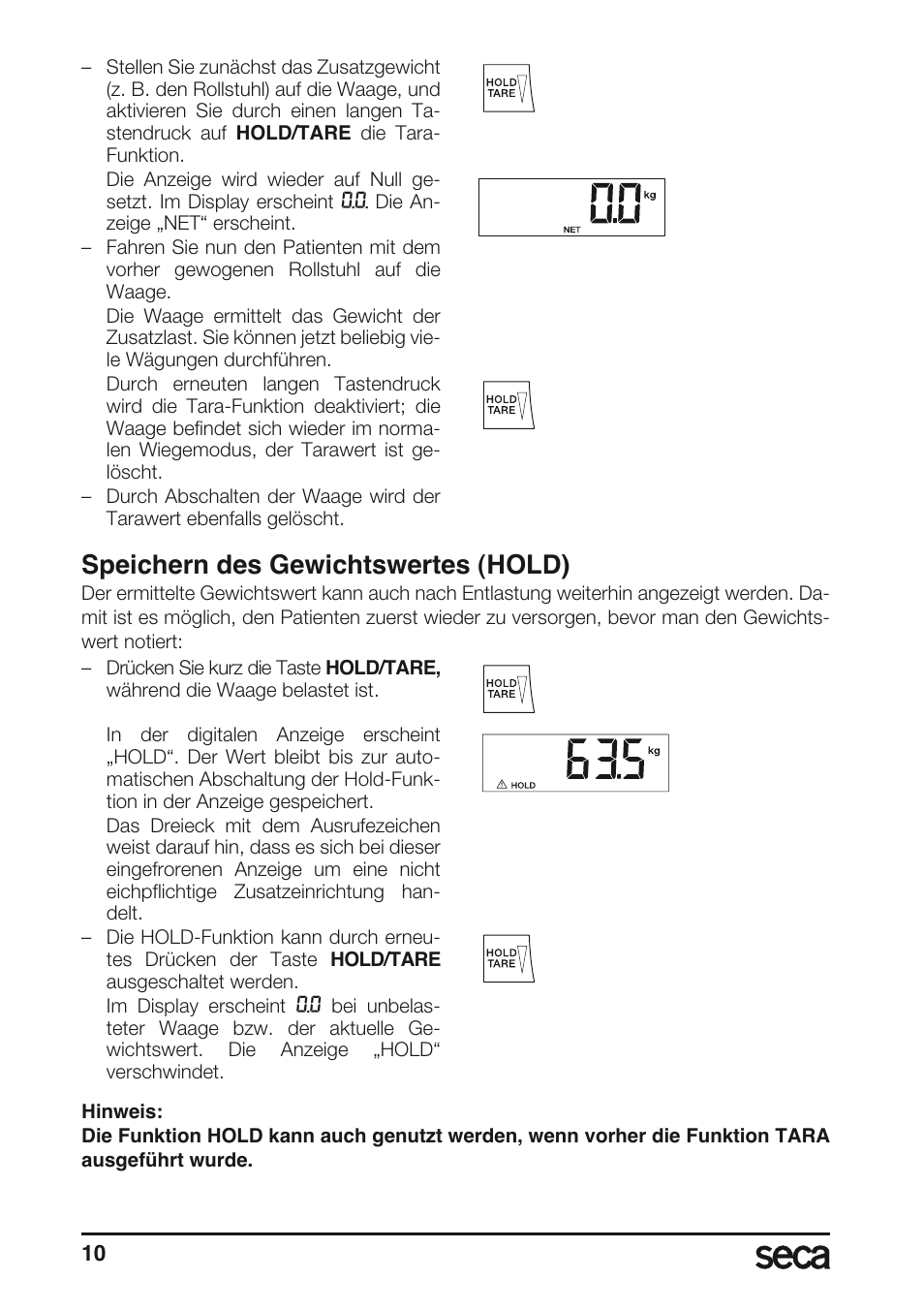 Speichern des gewichtswertes (hold) | Seca 675 User Manual | Page 10 / 214