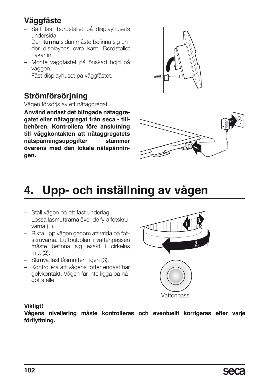 Väggfäste, Strömförsörjning, Upp- och inställning av vågen | Libelle | Seca 675 User Manual | Page 102 / 214