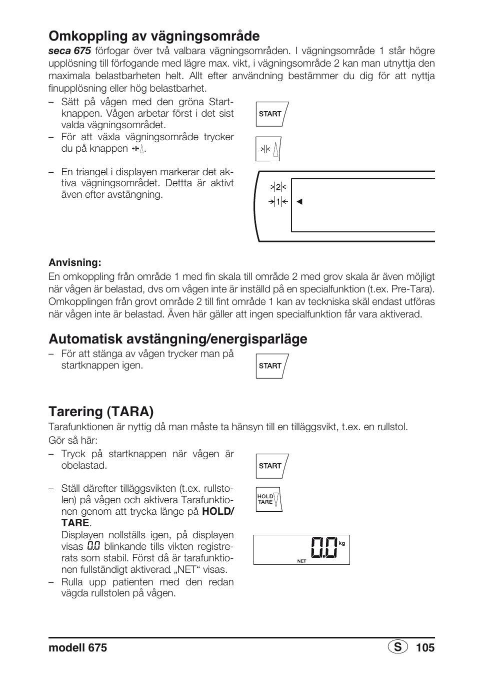 Omkoppling av vägningsområde, Automatisk avstängning/energisparläge, Tarering (tara) | Seca 675 User Manual | Page 105 / 214