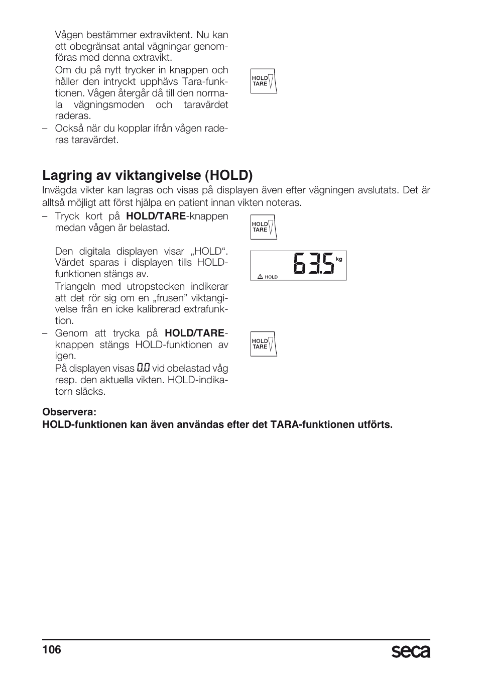 Lagring av viktangivelse (hold) | Seca 675 User Manual | Page 106 / 214