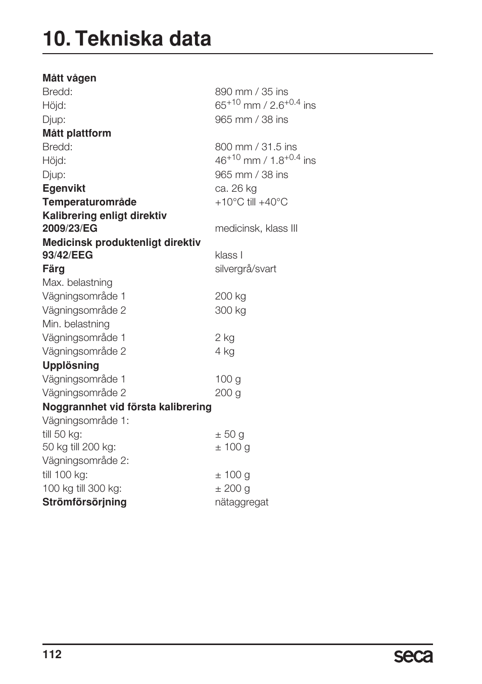 Tekniska data | Seca 675 User Manual | Page 112 / 214