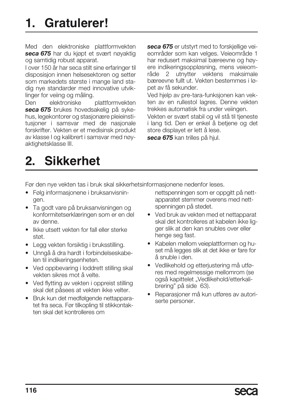 Gratulerer, Sikkerhet | Seca 675 User Manual | Page 116 / 214