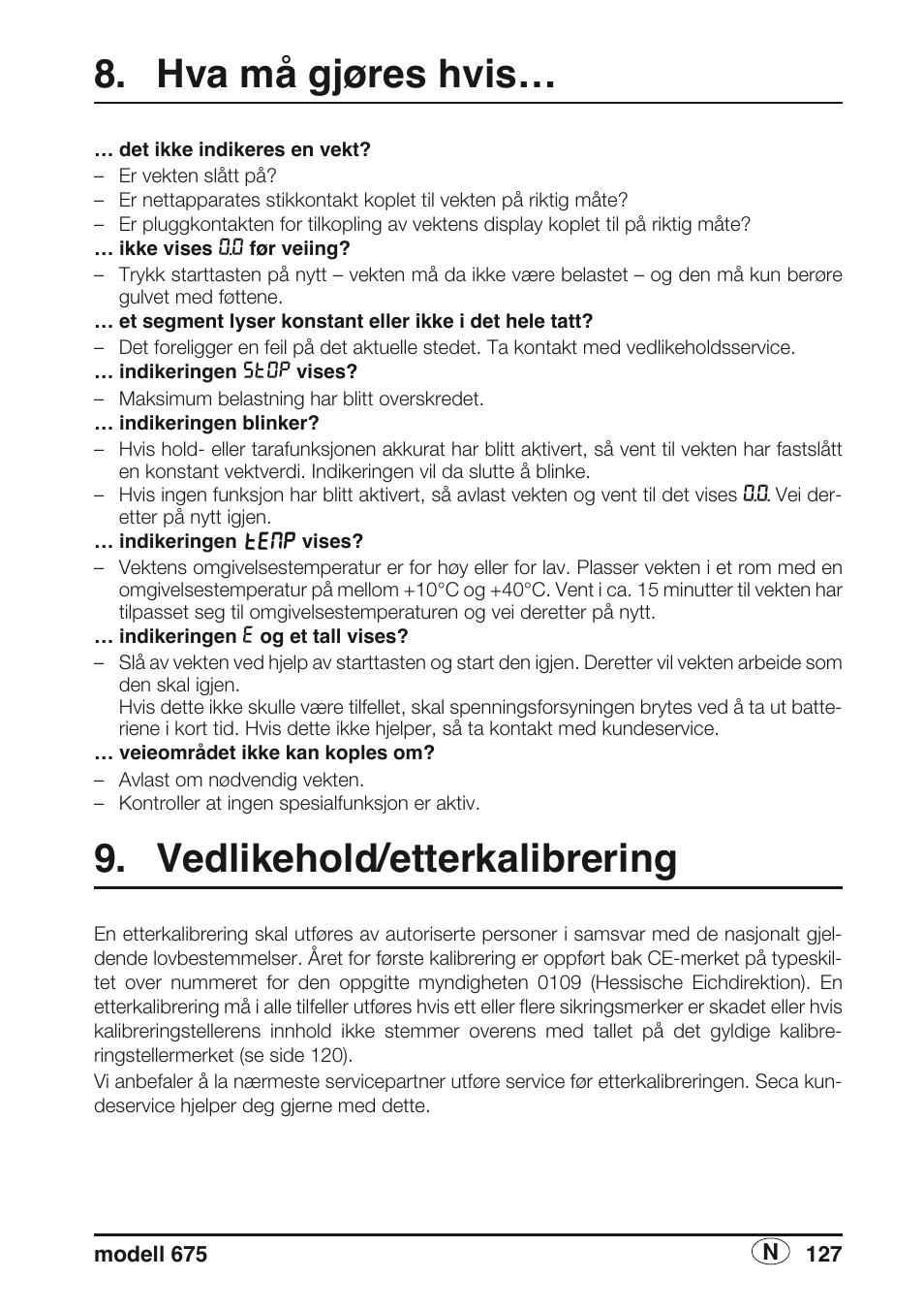 Hva må gjøres hvis, Vedlikehold/etterkalibrering | Seca 675 User Manual | Page 127 / 214