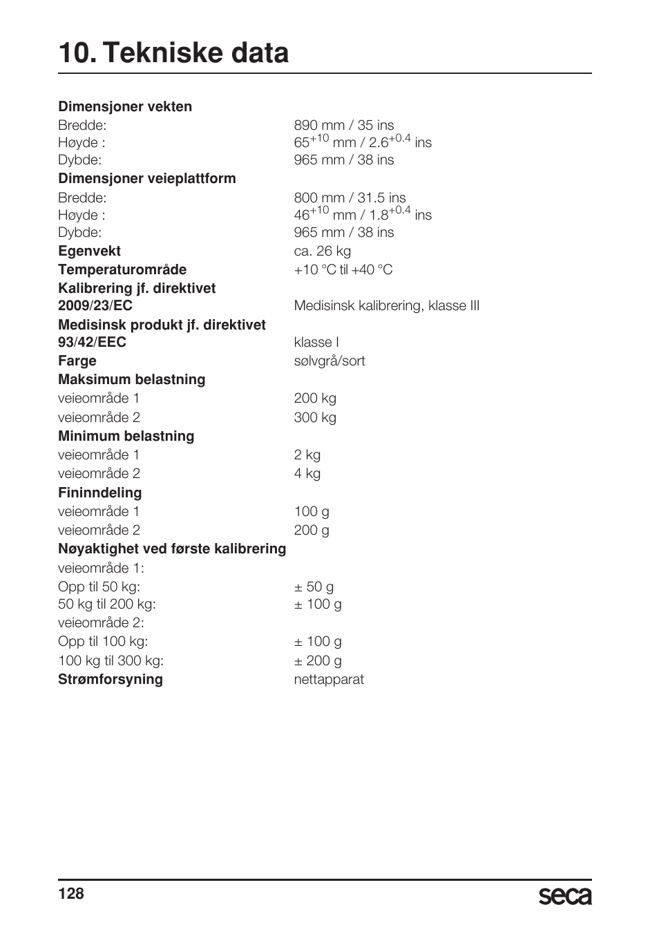 Tekniske data | Seca 675 User Manual | Page 128 / 214