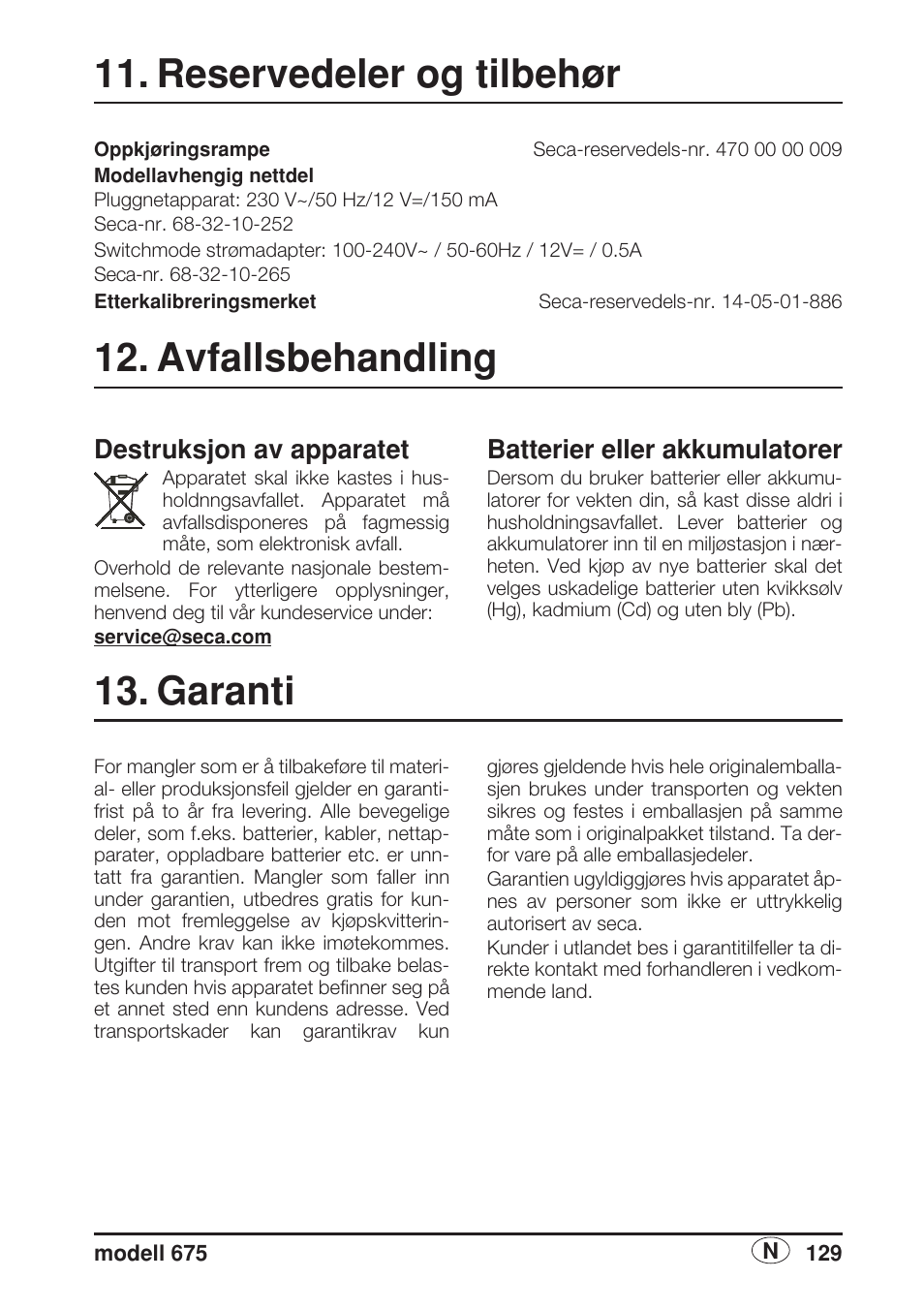 Reservedeler og tilbehør, Avfallsbehandling, Destruksjon av apparatet | Batterier og akkumulatorer, Garanti, Batterier eller akkumulatorer | Seca 675 User Manual | Page 129 / 214