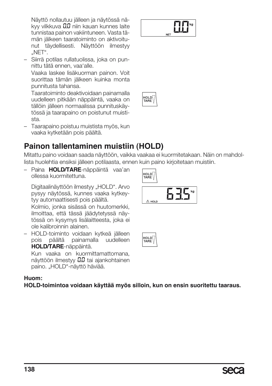 Painon tallentaminen muistiin (hold) | Seca 675 User Manual | Page 138 / 214