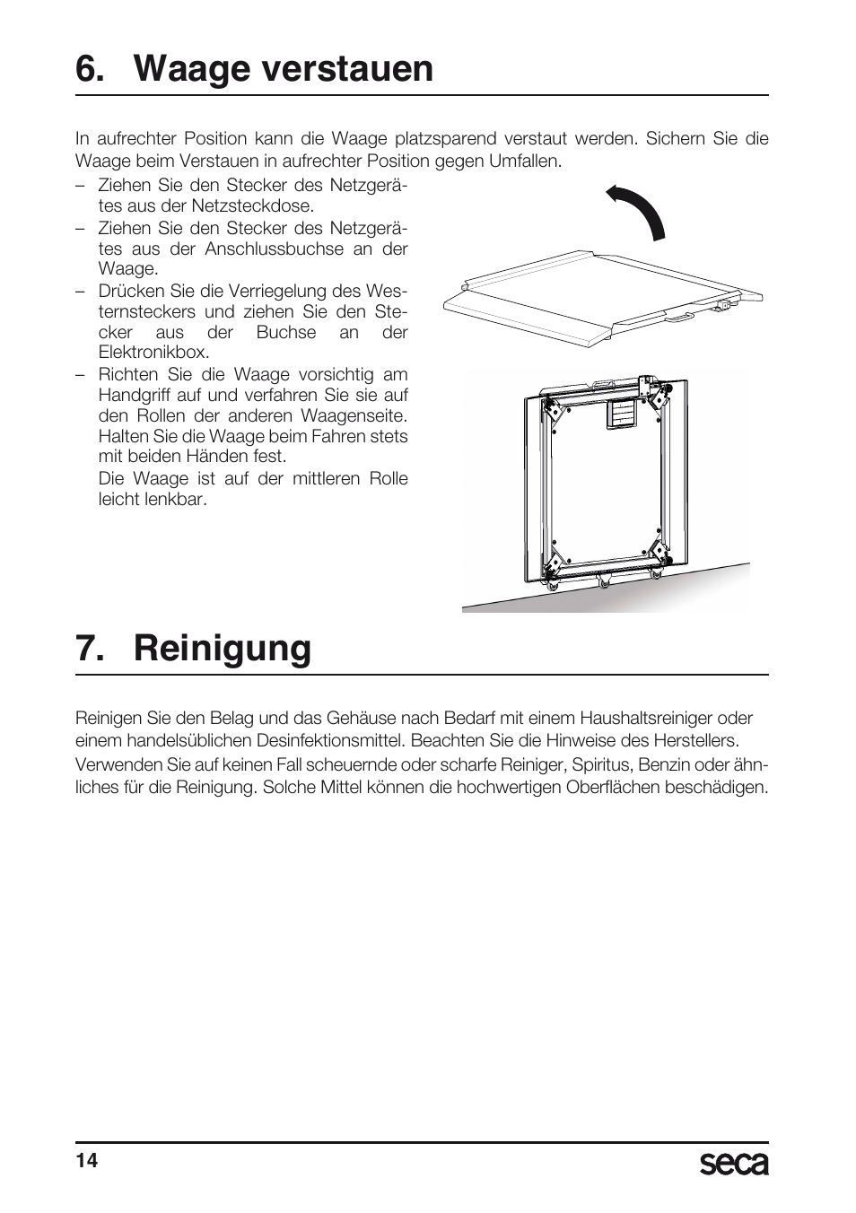 Waage verstauen, Reinigung | Seca 675 User Manual | Page 14 / 214