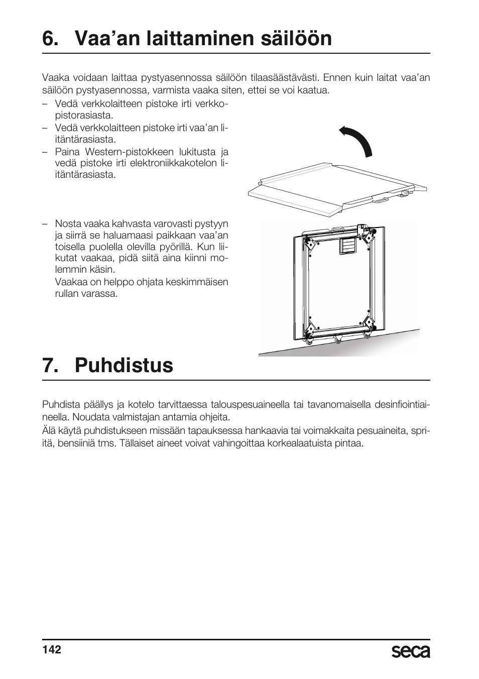 Vaa’an laittaminen säilöön, Puhdistus | Seca 675 User Manual | Page 142 / 214