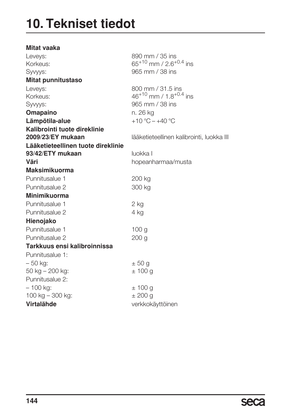 Tekniset tiedot | Seca 675 User Manual | Page 144 / 214