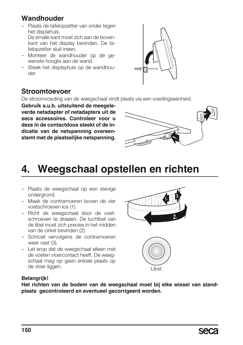 Wandhouder, Stroomtoevoer, Weegschaal opstellen en richten | Libelle | Seca 675 User Manual | Page 150 / 214