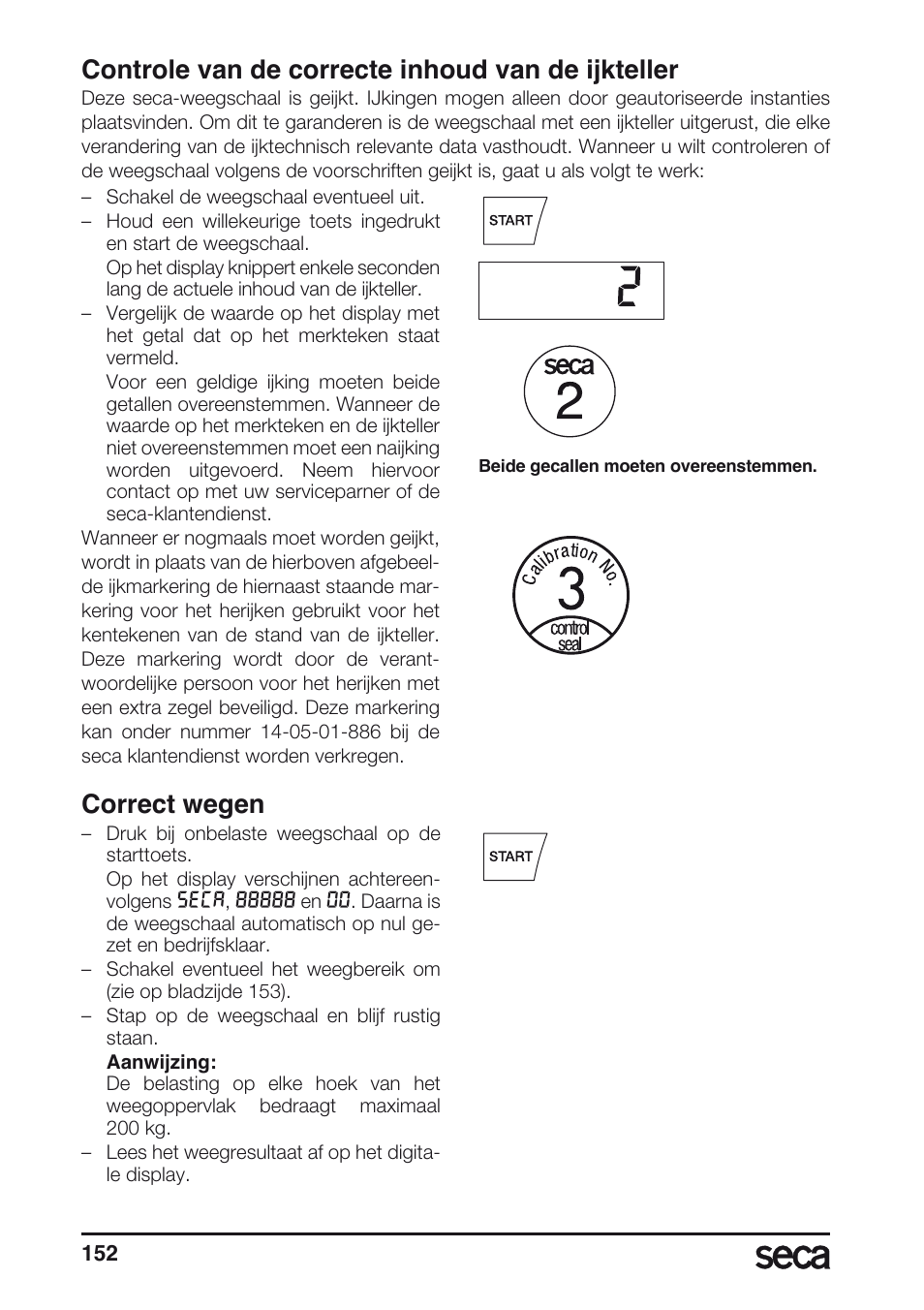 Controle van de correcte inhoud van de ijkteller, Correct wegen | Seca 675 User Manual | Page 152 / 214