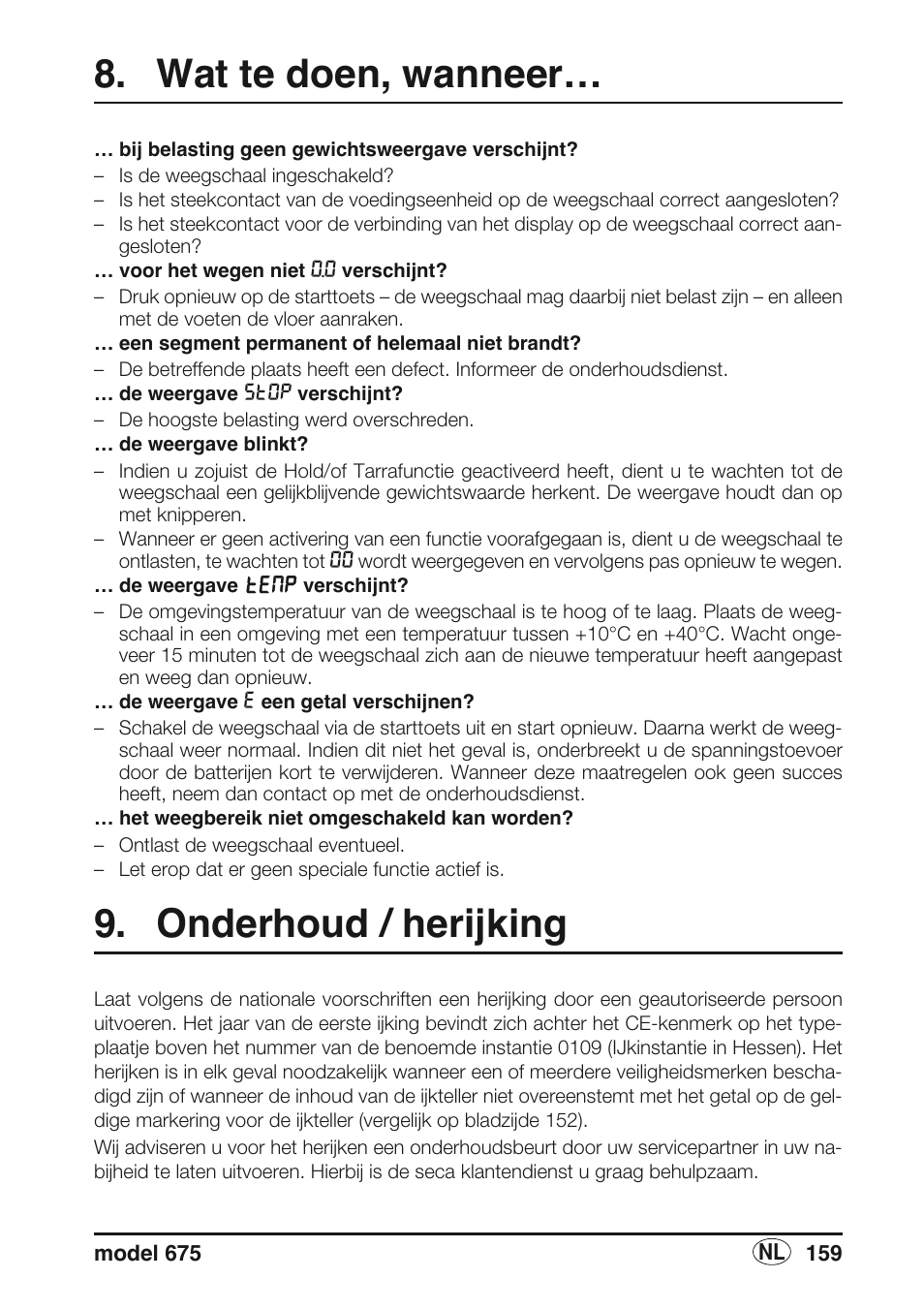 Wat te doen, wanneer, Onderhoud / herijking | Seca 675 User Manual | Page 159 / 214