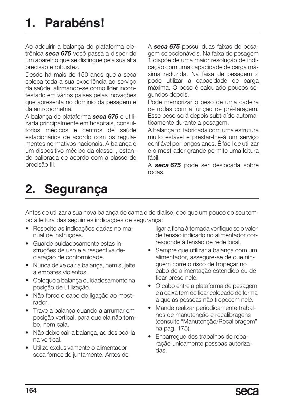 Parabéns, Segurança | Seca 675 User Manual | Page 164 / 214