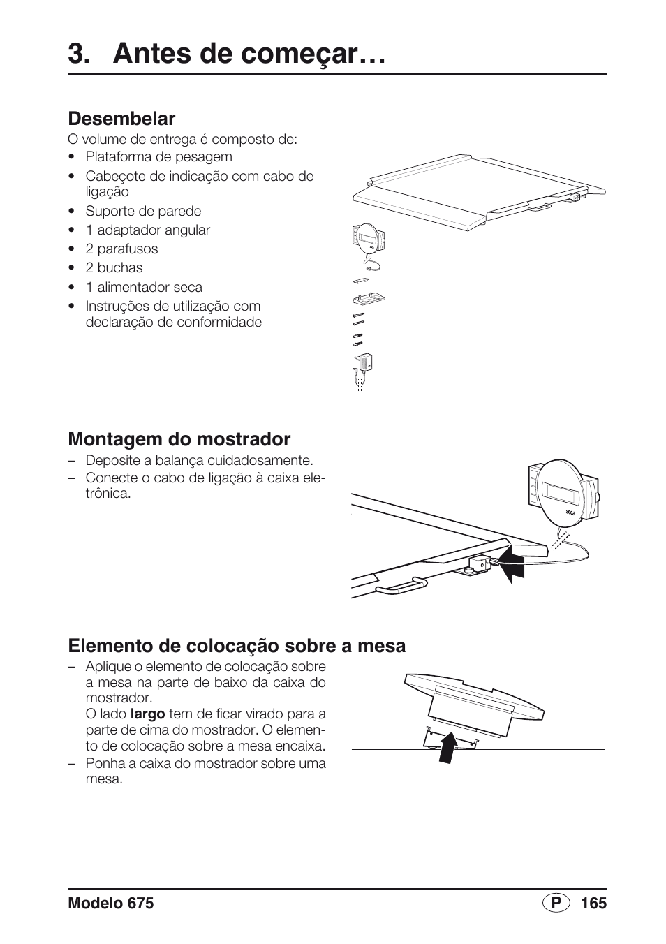 Antes de começar, Desembelar, Montagem do mostrador | Elemento de colocação sobre a mesa | Seca 675 User Manual | Page 165 / 214