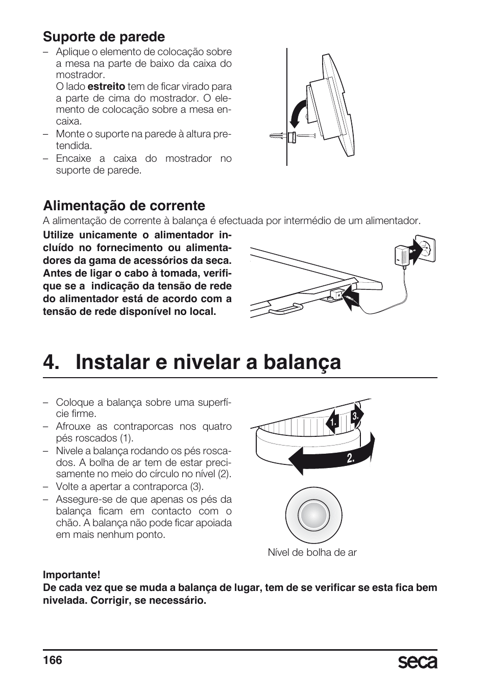 Suporte de parede, Alimentação de corrente, Instalar e nivelar a balança | Libelle | Seca 675 User Manual | Page 166 / 214