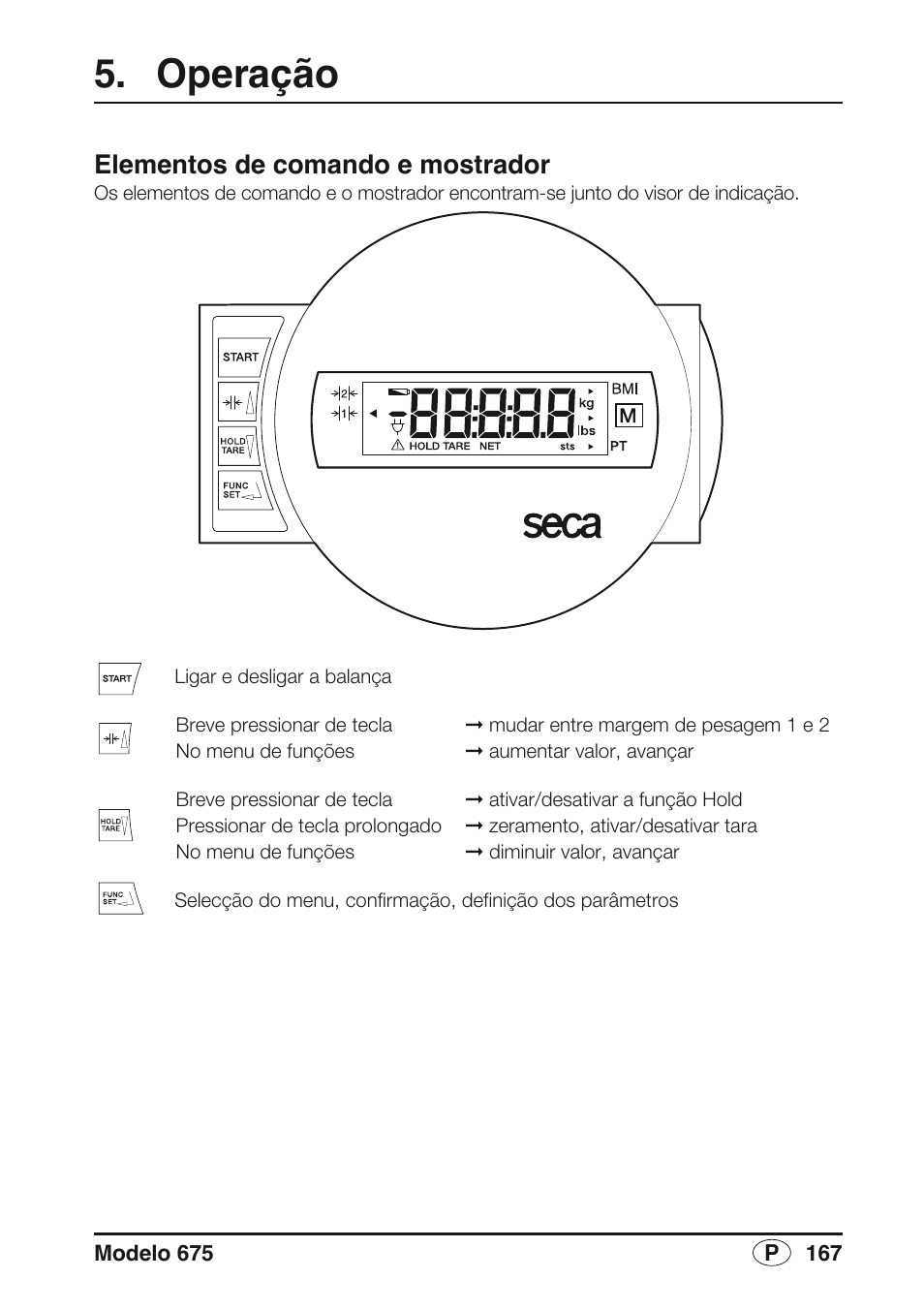 Operação, Elementos de comando e mostrador | Seca 675 User Manual | Page 167 / 214