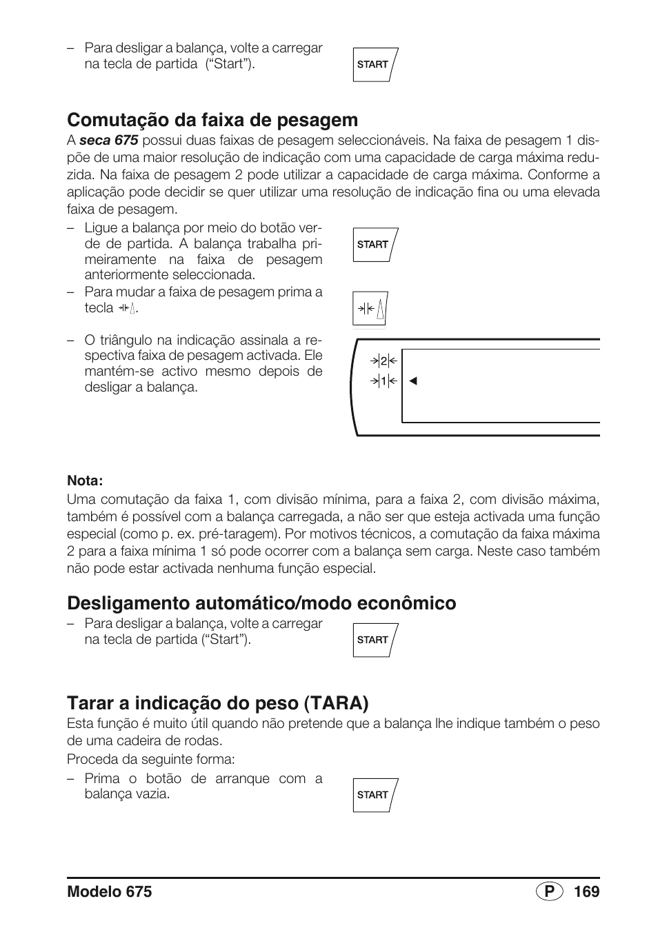 Comutação da faixa de pesagem, Desligamento automático/modo econômico, Tarar a indicação do peso (tara) | Seca 675 User Manual | Page 169 / 214