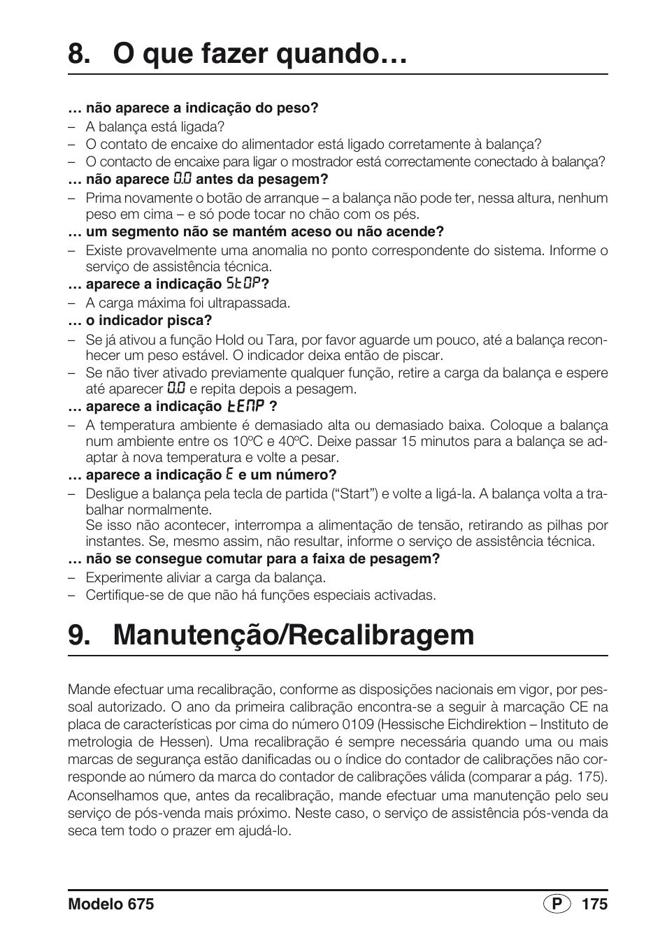 O que fazer quando, Manutenção/recalibragem | Seca 675 User Manual | Page 175 / 214