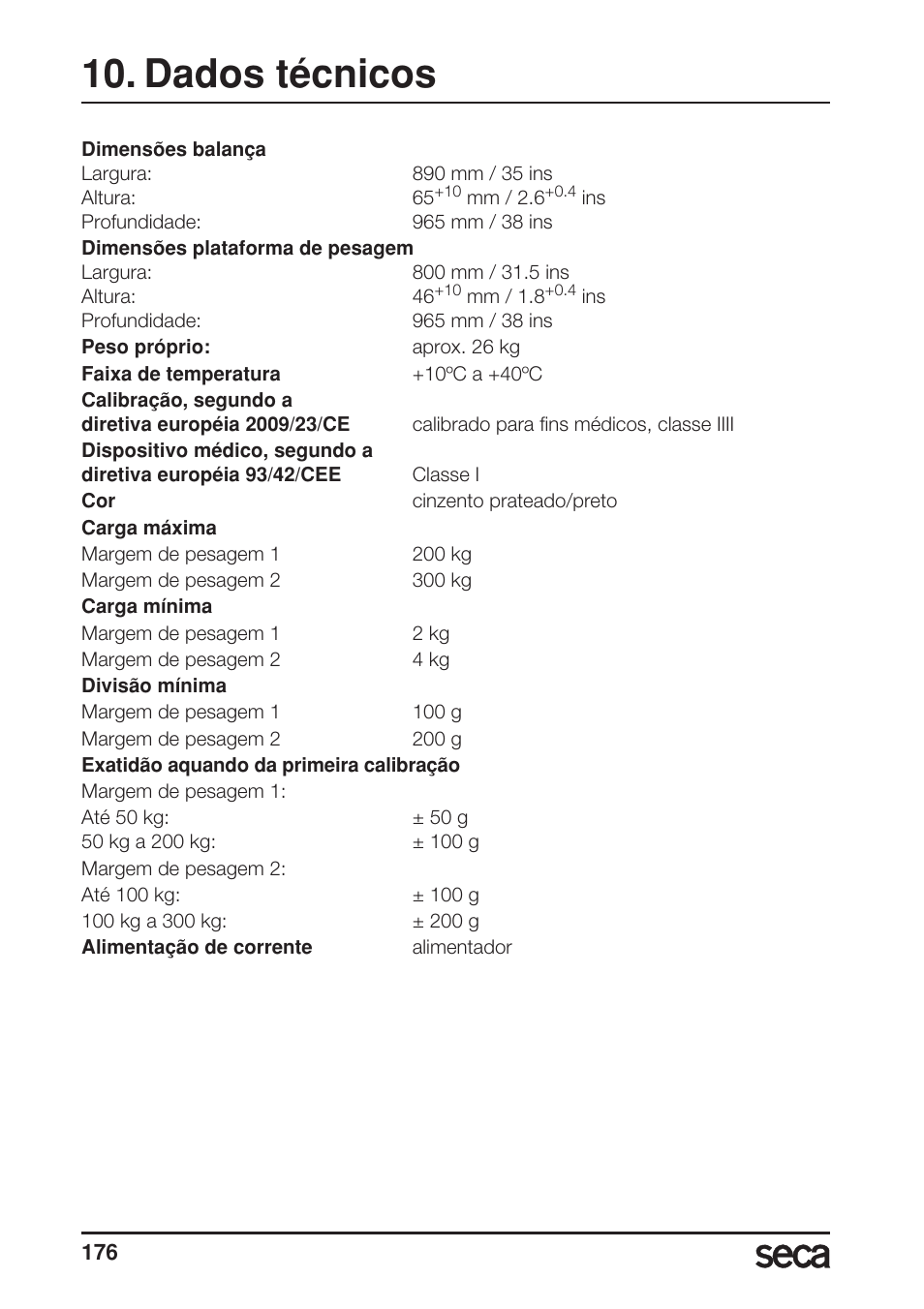 Dados técnicos | Seca 675 User Manual | Page 176 / 214