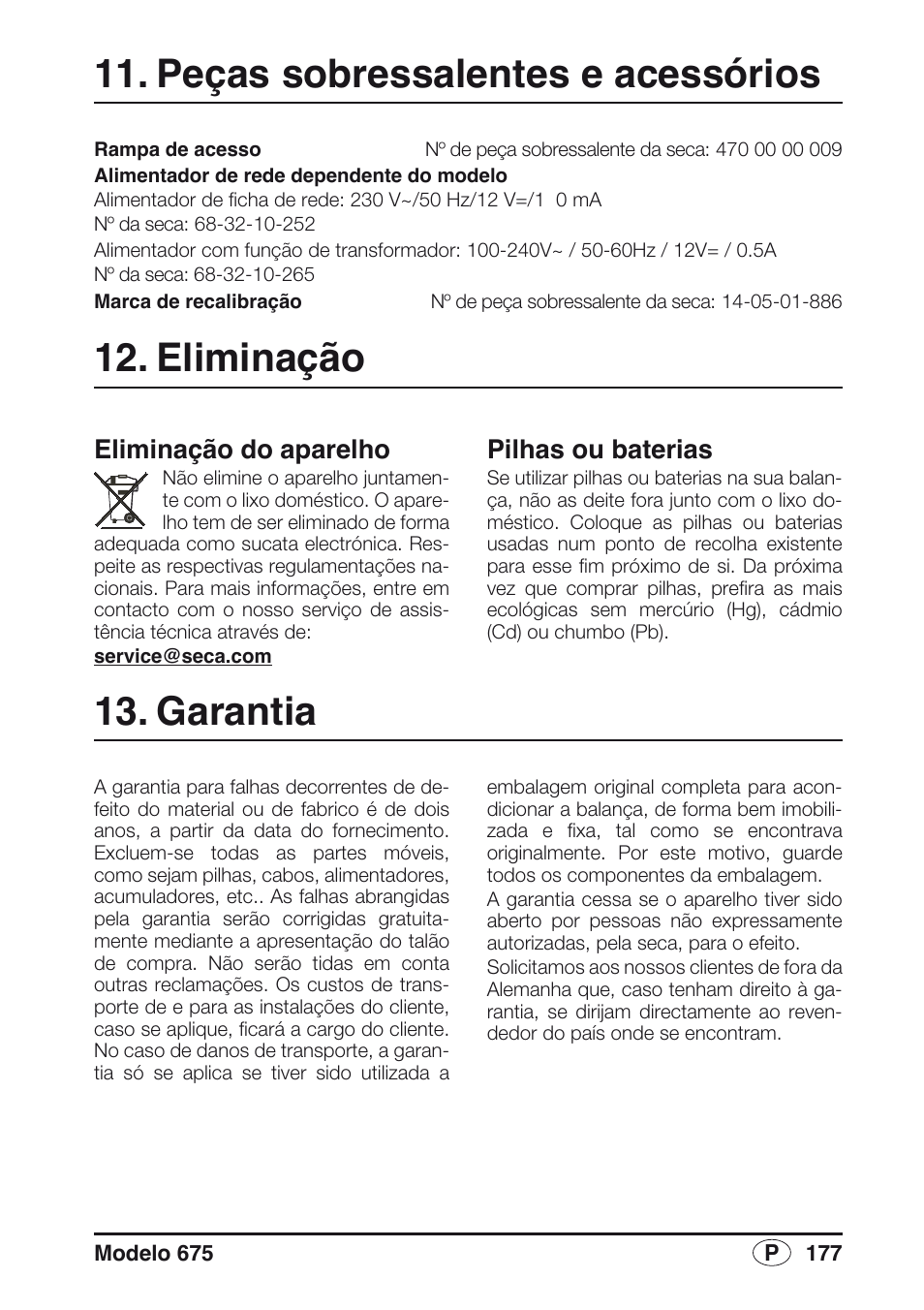 Peças sobressalentes e acessórios, Eliminação, Eliminação do aparelho | Pilhas e baterias, Garantia, Pilhas ou baterias | Seca 675 User Manual | Page 177 / 214