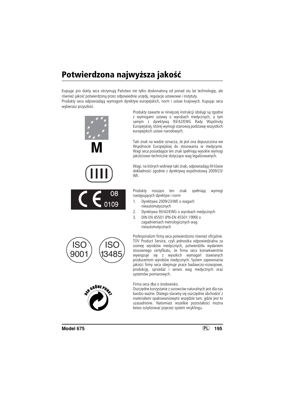 Polski, Potwierdzona najwyższa jakość | Seca 675 User Manual | Page 195 / 214