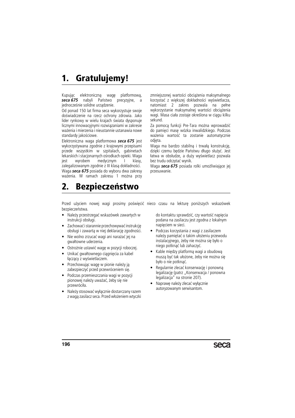 Gratulujemy, Bezpieczeństwo | Seca 675 User Manual | Page 196 / 214