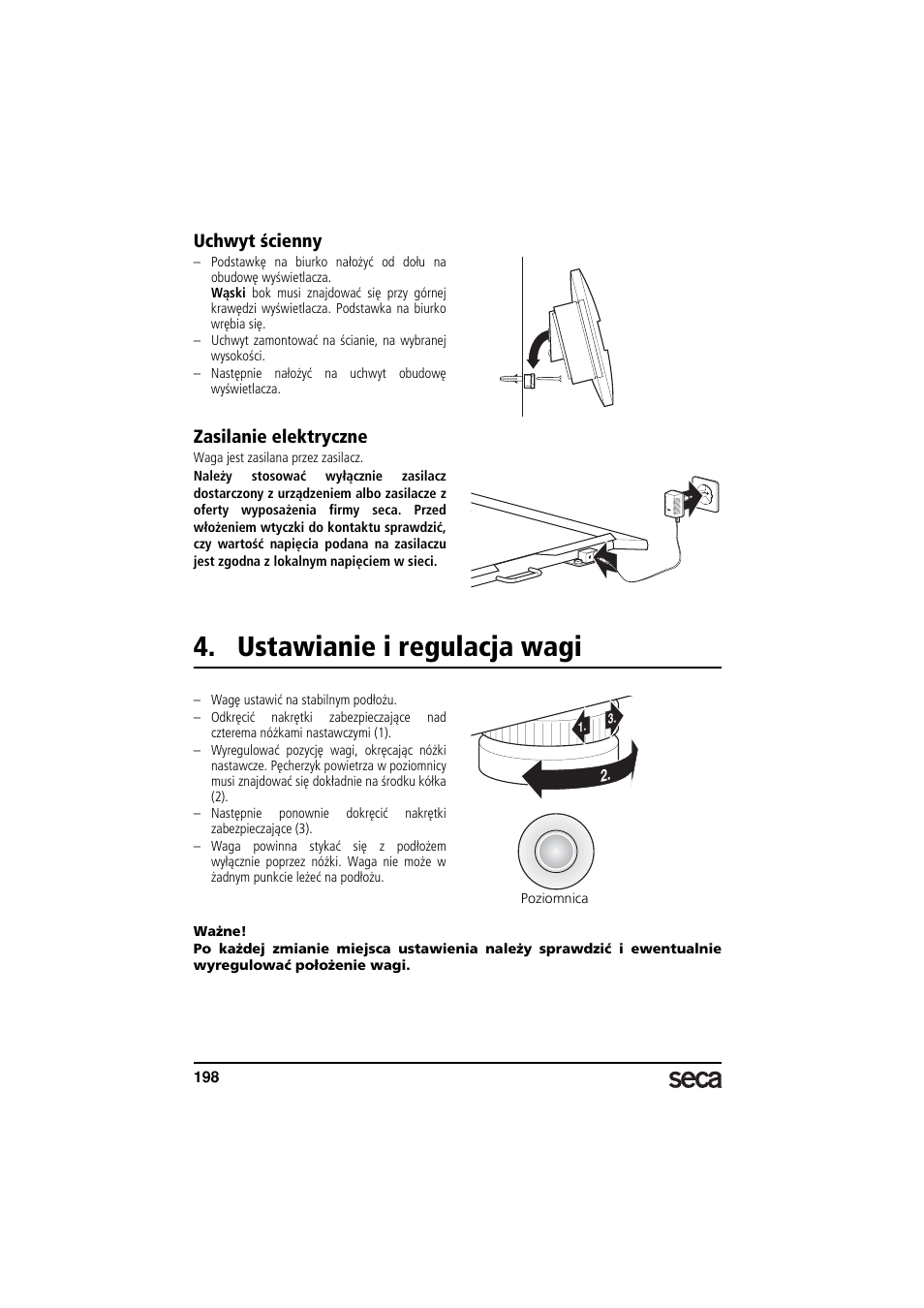 Uchwyt ścienny, Zasilanie elektryczne, Ustawianie i regulacja wagi | Libelle | Seca 675 User Manual | Page 198 / 214
