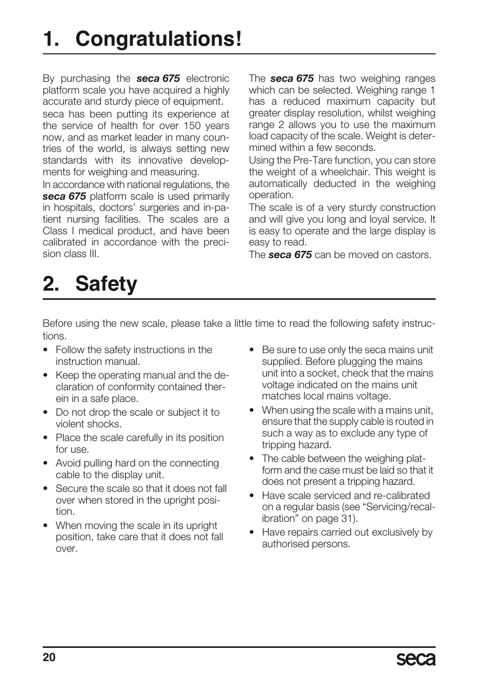 Congratulations, Safety | Seca 675 User Manual | Page 20 / 214