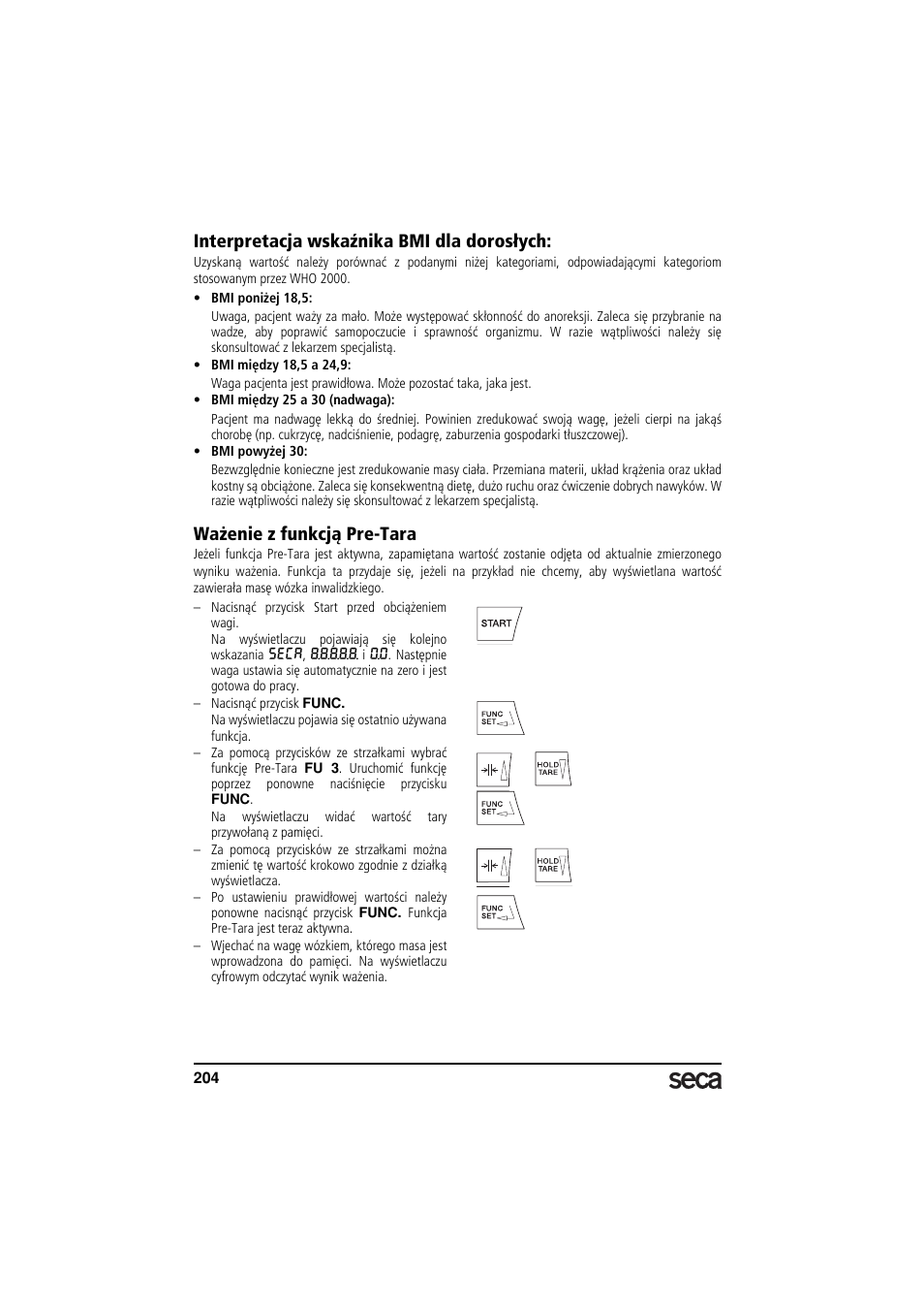 Interpretacja wskaźnika bmi dla dorosłych, Ważenie z funkcją pre-tara | Seca 675 User Manual | Page 204 / 214