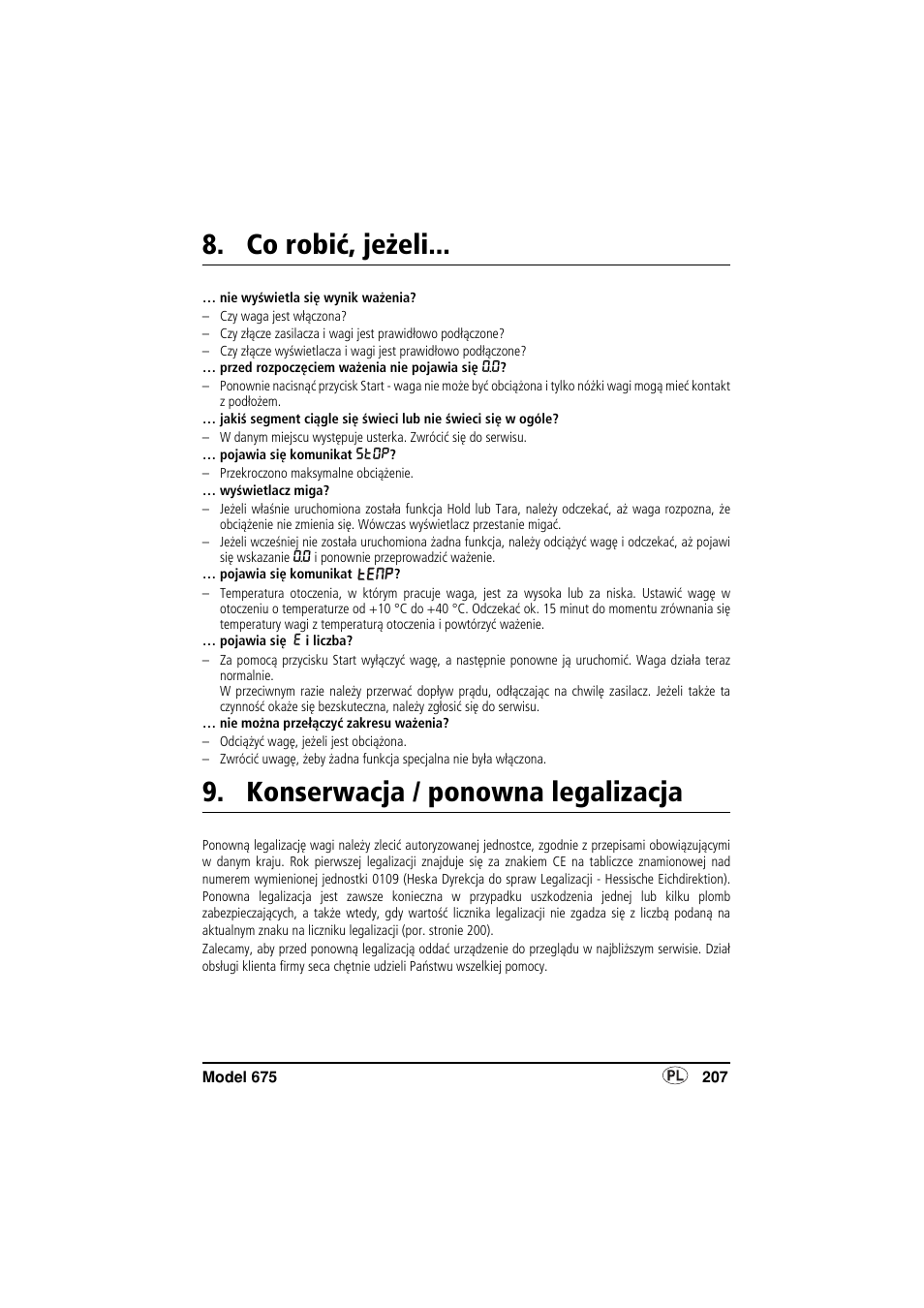 Co robić, jeżeli, Konserwacja / ponowna legalizacja | Seca 675 User Manual | Page 207 / 214