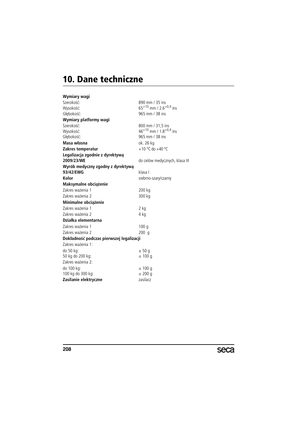 Dane techniczne | Seca 675 User Manual | Page 208 / 214