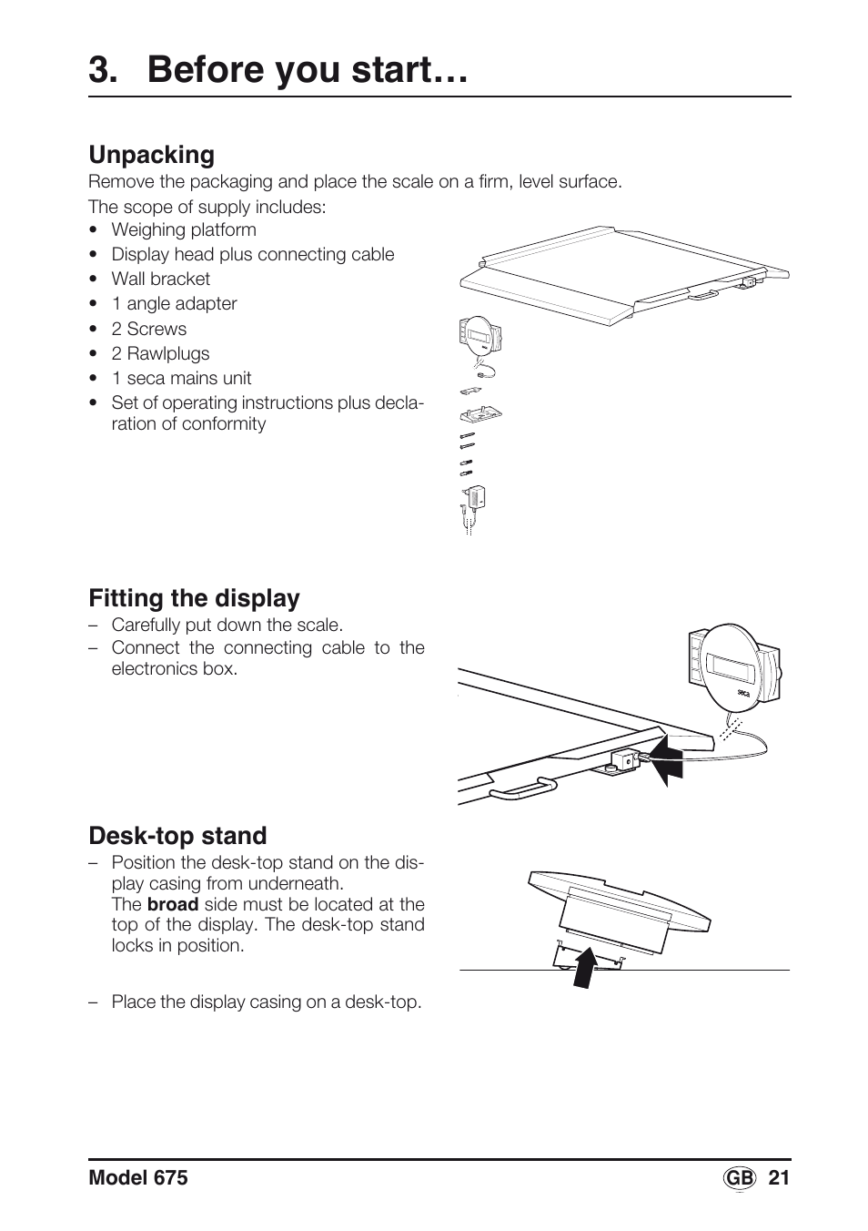 Before you start, Unpacking, Fitting the display | Desk-top stand | Seca 675 User Manual | Page 21 / 214
