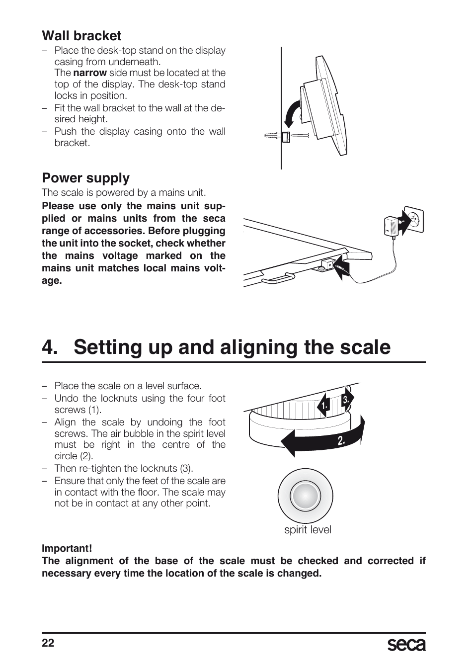 Wall bracket, Power supply, Setting up and aligning the scale | Libelle | Seca 675 User Manual | Page 22 / 214