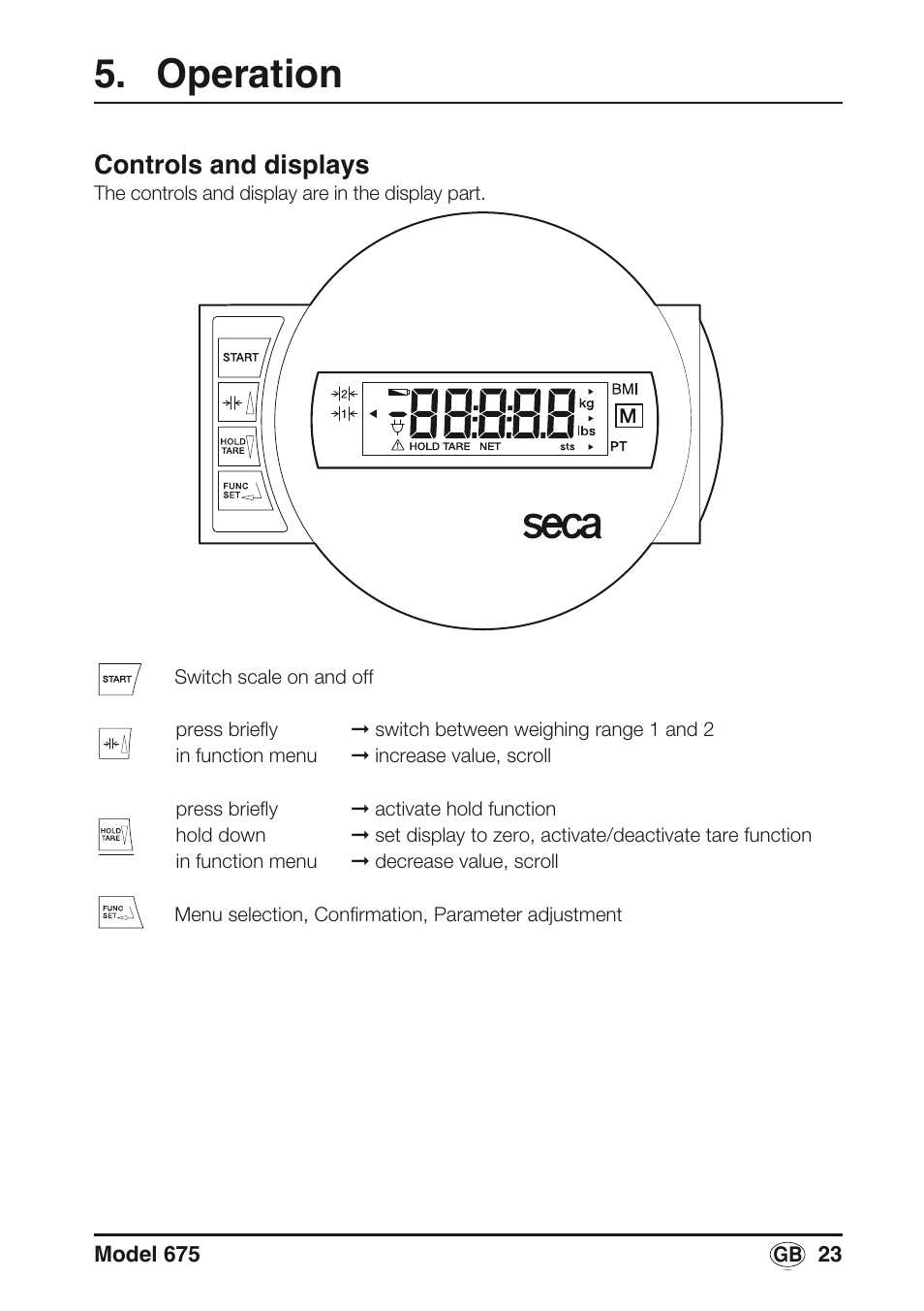 Operation, Controls and displays | Seca 675 User Manual | Page 23 / 214