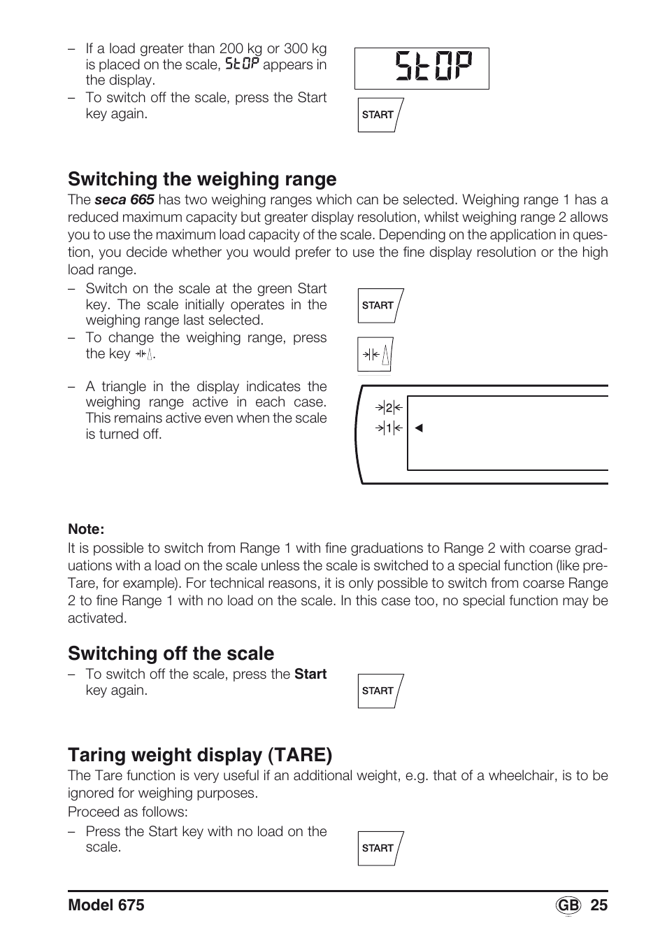 Switching the weighing range, Switching off the scale, Taring weight display (tare) | Seca 675 User Manual | Page 25 / 214