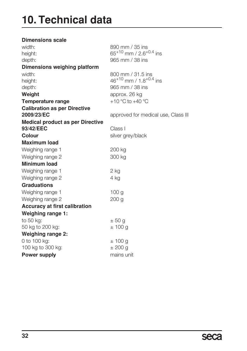 Technical data | Seca 675 User Manual | Page 32 / 214