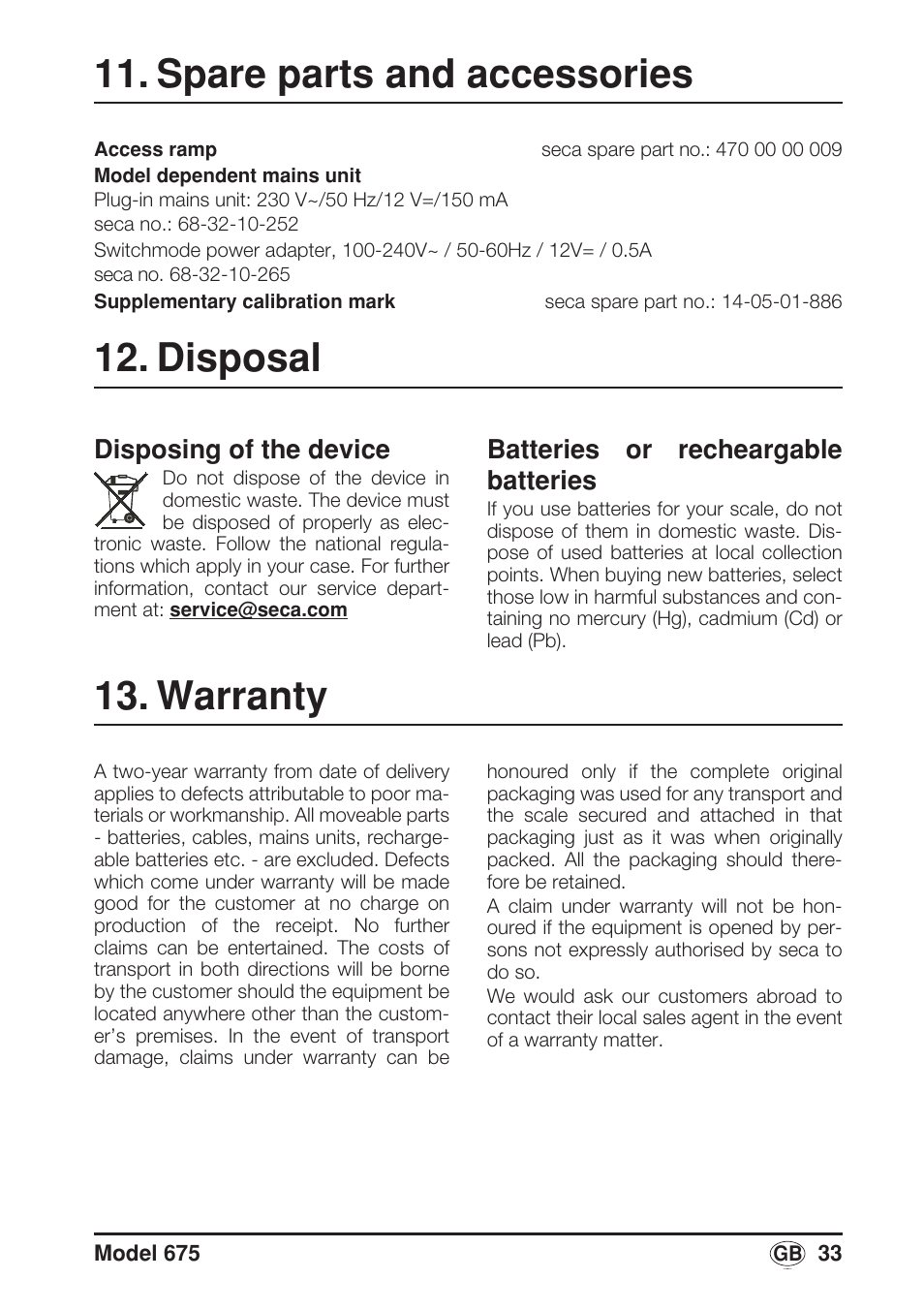Spare parts and accessories, Disposal, Disposing of the device | Batteries and recheargable batteries, Warranty, Batteries or recheargable batteries | Seca 675 User Manual | Page 33 / 214