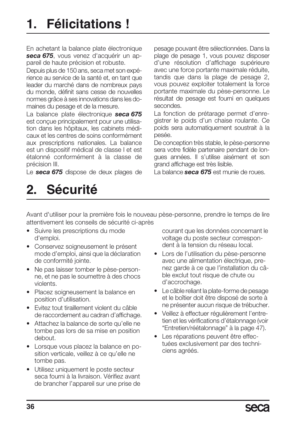 Félicitations, Sécurité | Seca 675 User Manual | Page 36 / 214
