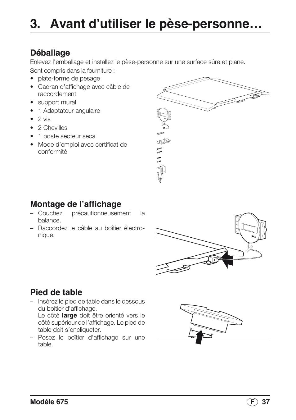 Avant d’utiliser le pèse-personne, Déballage, Montage de l’affichage | Pied de table | Seca 675 User Manual | Page 37 / 214