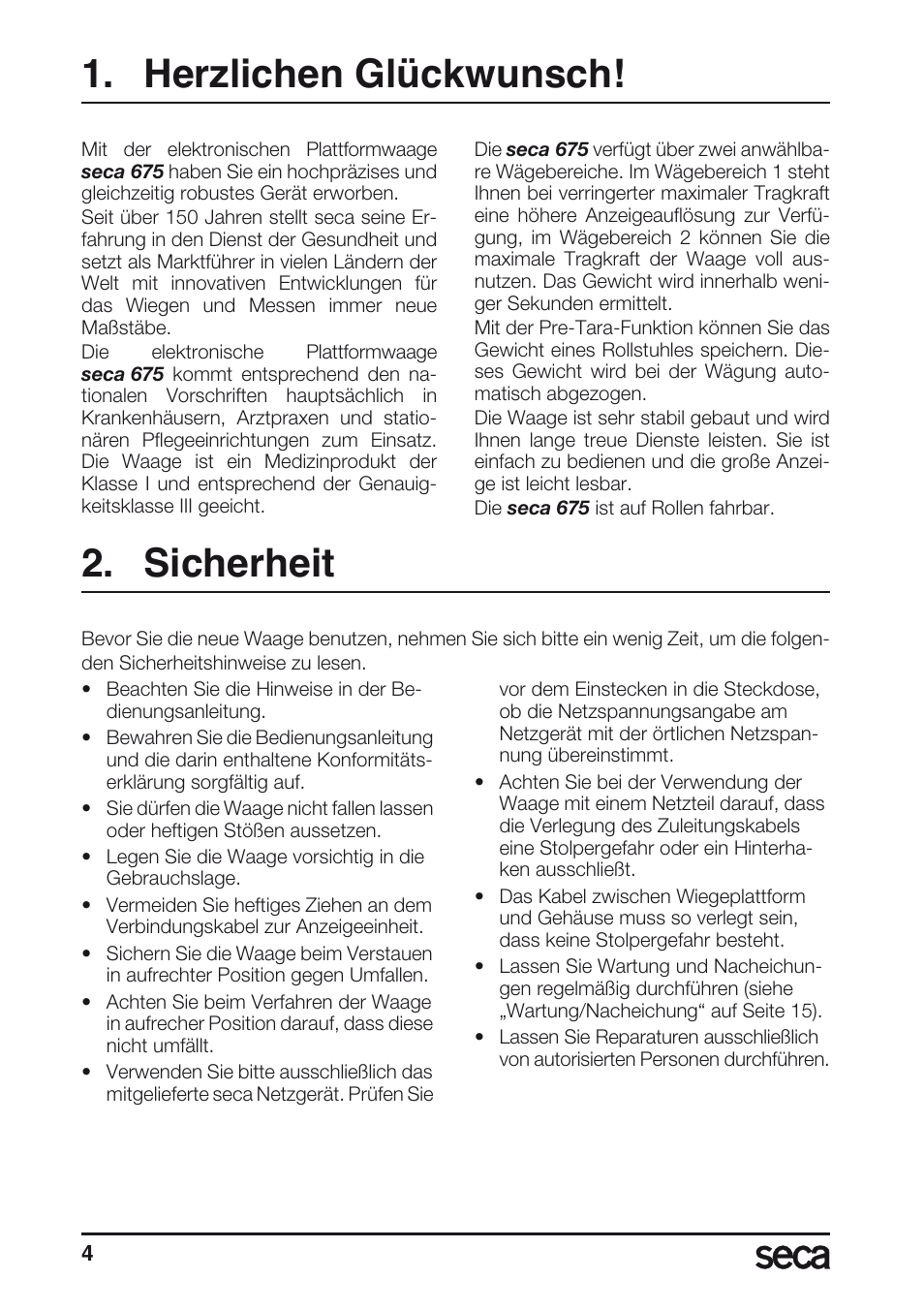 Herzlichen glückwunsch, Sicherheit | Seca 675 User Manual | Page 4 / 214