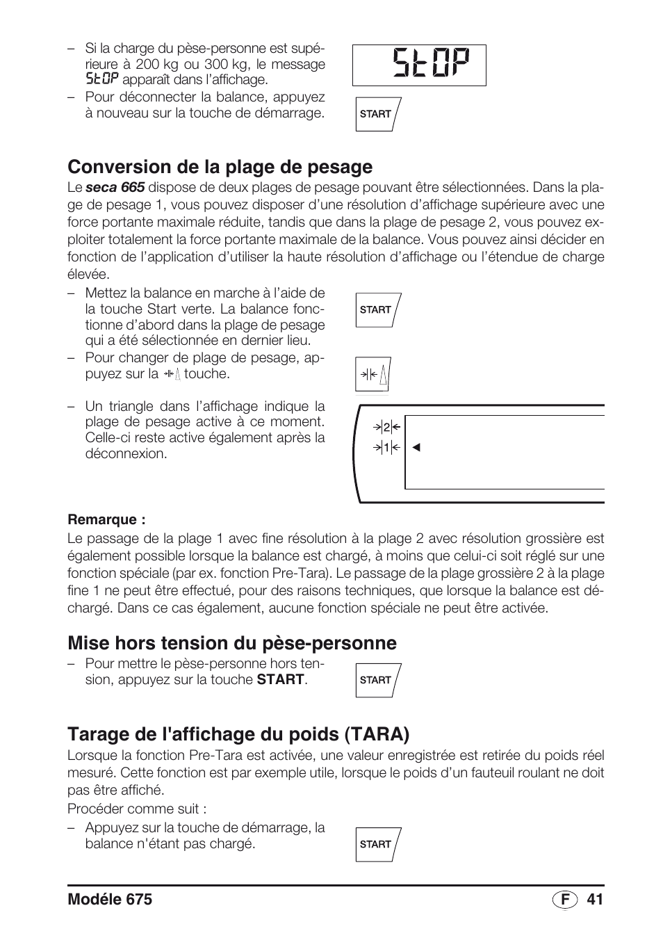 Conversion de la plage de pesage, Mise hors tension du pèse-personne, Tarage de l'affichage du poids (tara) | Seca 675 User Manual | Page 41 / 214