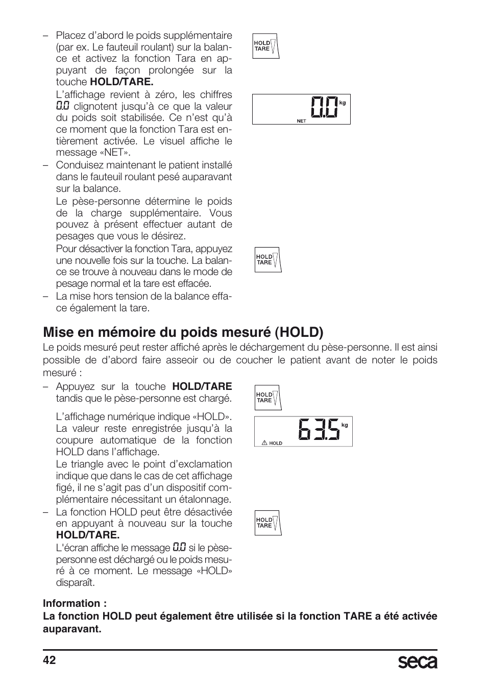 Mise en mémoire du poids mesuré (hold) | Seca 675 User Manual | Page 42 / 214
